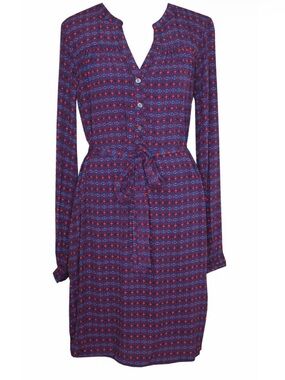 GAP Womens Large Shirt Dress Long-Sleeve Henley Print Navy purple Tie Belt Waist